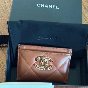 CHANEL Brown Quilted Leather Card Case with Gold Chain-Trim CC